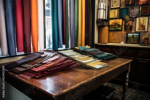 suit fabric samples displayed on tailors table, created with generative ai photo