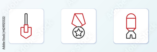 Set line Rocket launcher, Shovel and Military reward medal icon. Vector