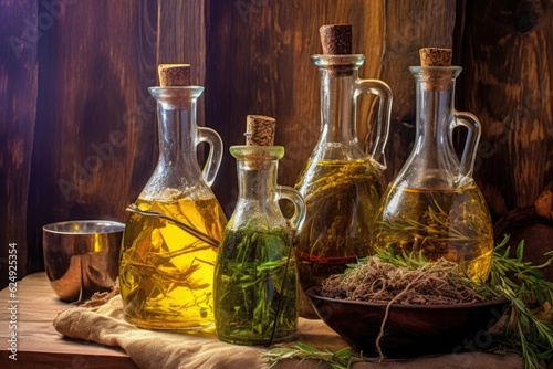 olive oil in glass bottles with rustic background, created with generative ai