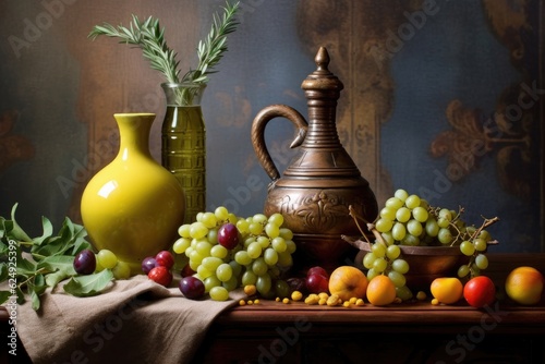 artful arrangement of olive oil, olives, and ceramic jug, created with generative ai