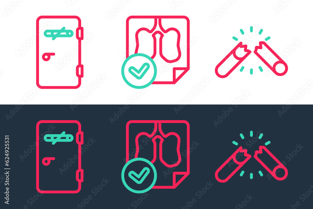 Set line Broken cigarette, No smoking area and Lungs x-ray diagnostics icon. Vector Set line Broken cigarette, No smoking area and Lungs x-ray diagnostics icon. Vector