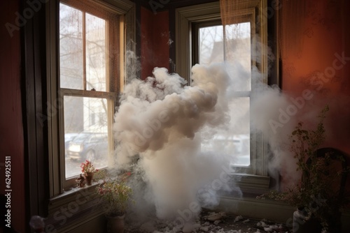 smoke billowing from a window during a fire, created with generative ai