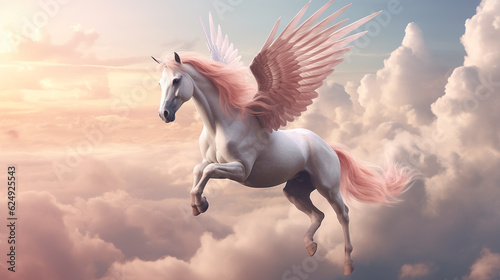 Mythological horse Pegasus flies over pink clouds