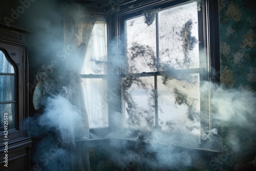 mysterious smoke drifting from a cracked window, created with generative ai