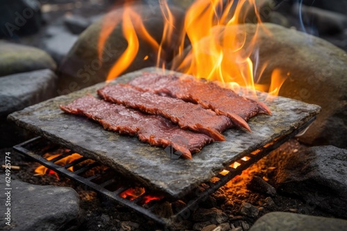 smoking venison jerky over low campfire heat, created with generative ai