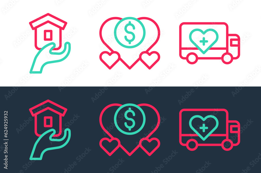 Set line Humanitarian truck, Shelter for homeless and Donation and charity icon. Vector Set line Humanitarian truck, Shelter for homeless and Donation and charity icon. Vector