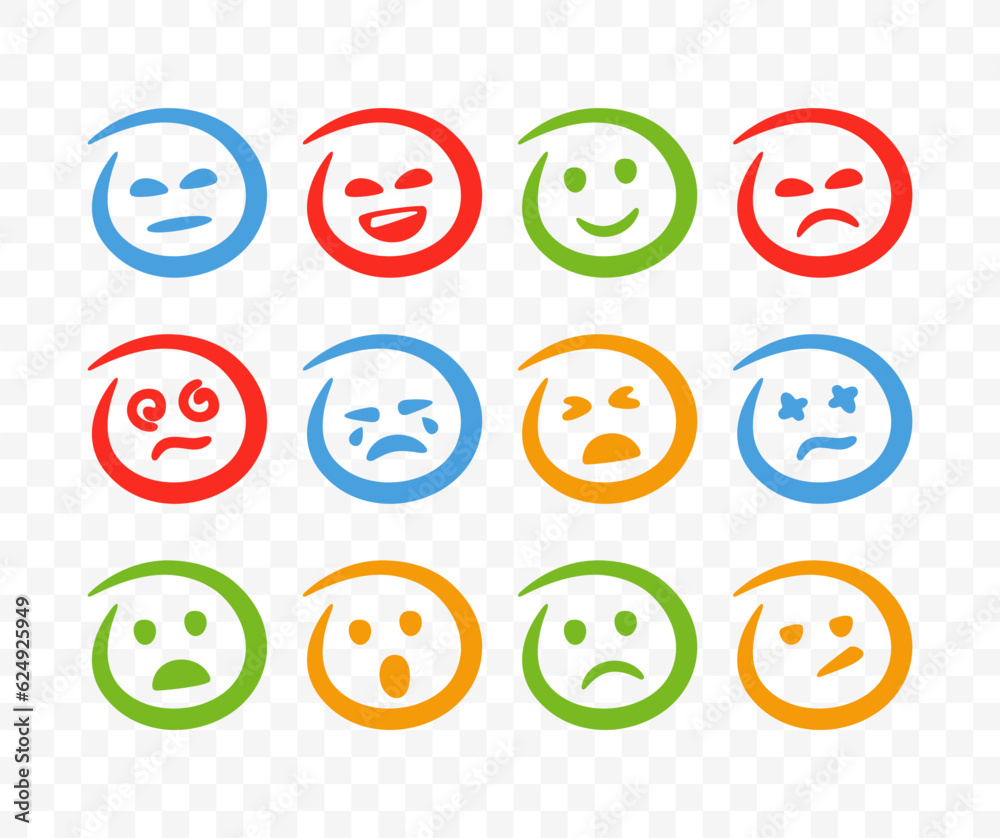 Abstract happy and sad emoji faces flat style. Line round character faces with various emotions. Emoticons set Abstract happy and sad emoji faces flat style. Line round character faces with various emotions. Emoticons set