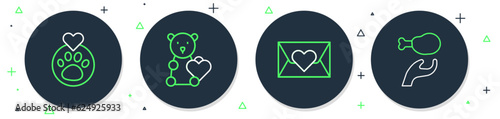 Set line Donate child toys, Envelope with heart, Heart animals footprint and Donation food icon. Vector