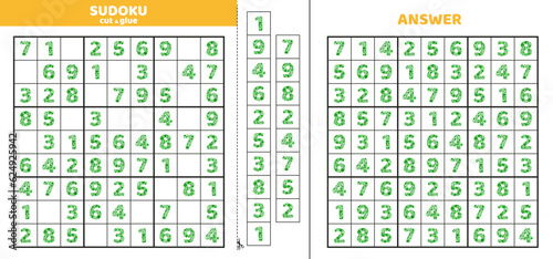 Sudoku with nine green floral numbers. Game puzzle for kids. Cut and glue. Doodle