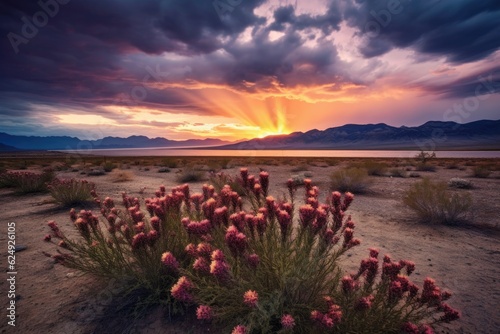moody sunset over flowering desert plants, created with generative ai