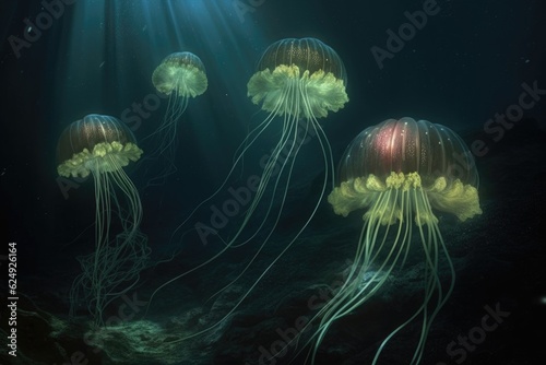 a group of siphonophores drifting gracefully in the ocean depths, created with generative ai