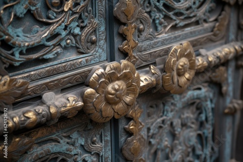 close-up of intricate metalwork on gate or door, created with generative ai