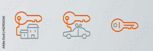 Set line Old key, Winning house with and Car gift icon. Vector