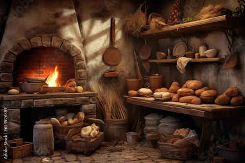 rustic kitchen scene with stone oven and bread ingredients, created with generative ai