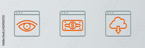 Set line Cloud download, Browser incognito window and Online shopping on screen icon. Vector