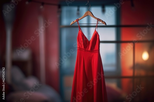 red dress on hanger with blurred background, created with generative ai