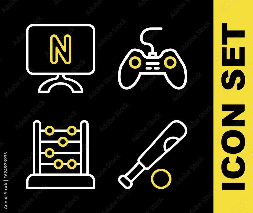 Set line Gamepad, Baseball bat with ball, Abacus and Smart Tv icon. Vector