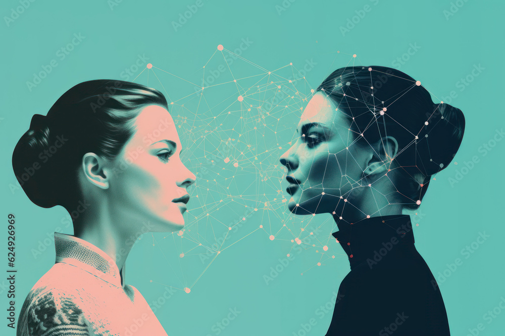 Two women face to face, connected, a turquoise background