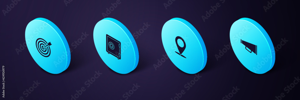 Set Isometric Megaphone, Map pin, Safe and Target with arrow icon. Vector Set Isometric Megaphone, Map pin, Safe and Target with arrow icon. Vector