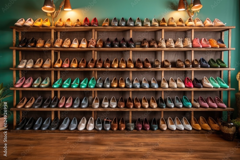 Obraz premium retro shoes neatly displayed on wooden shelves, created with generative ai