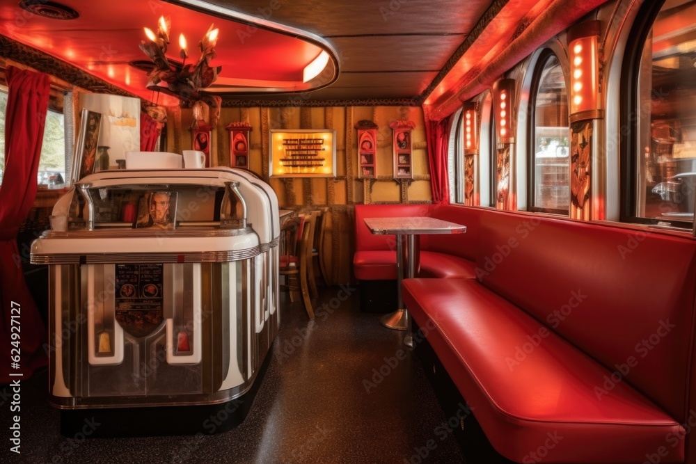 vintage diner booth with jukebox on table, created with generative ai