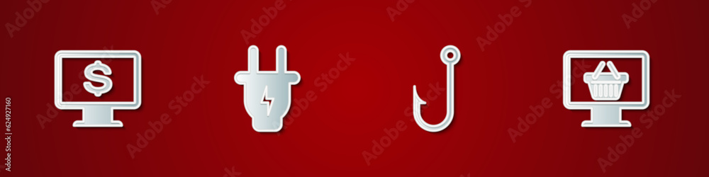 Obraz premium Set Monitor with dollar, Electric plug, Fishing hook and shopping basket icon. Vector