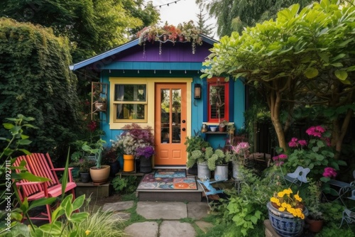 tiny house in lush  colorful garden setting  created with generative ai