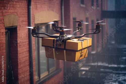 autonomous delivery drone carrying box, created with generative ai