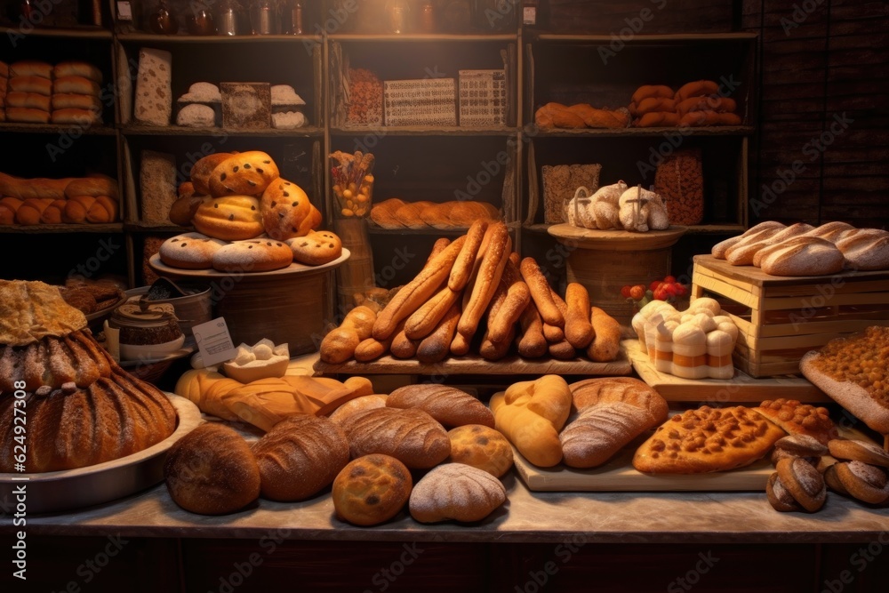 bakery counter with various bread types, created with generative ai