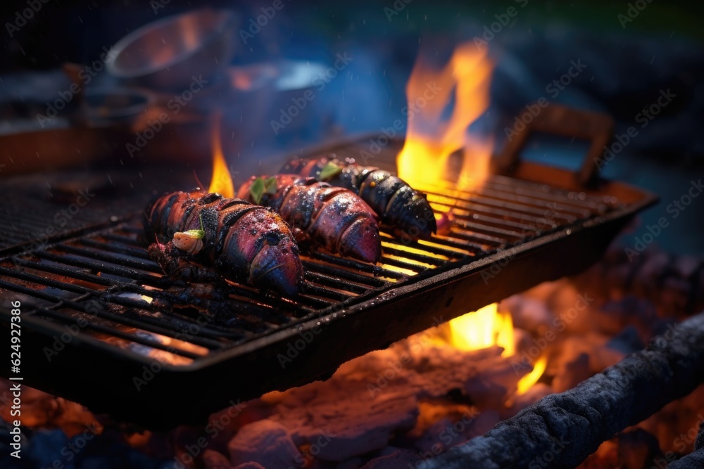 lobster on a grill with glowing campfire embers, created with generative ai