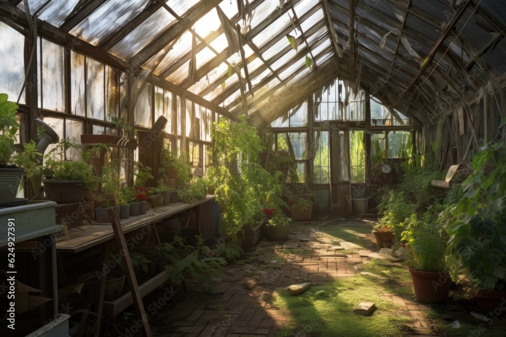 abandoned greenhouse with broken glass panes, created with generative ai