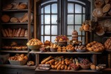 rustic bakery shelves with various pastries and cakes, created with generative ai