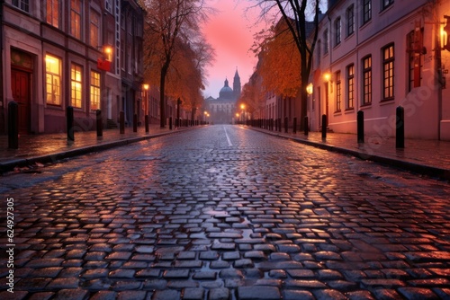 wet cobblestone street reflecting dawn light, created with generative ai © Alfazet Chronicles
