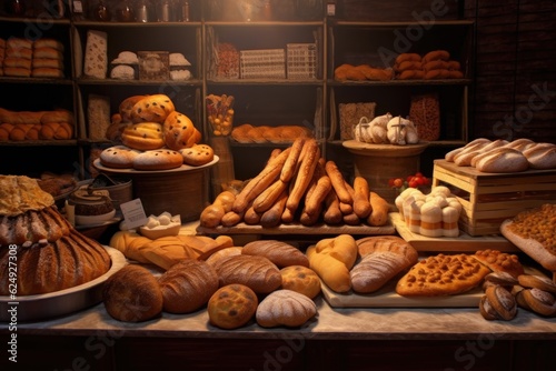 bakery counter with various bread types, created with generative ai