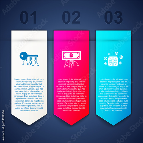 Set Cryptocurrency key, bitcoin with circuit and ASIC Miner. Business infographic template. Vector