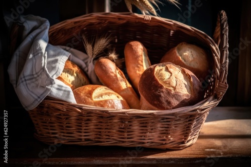 freshly baked loaves in a wooden basket, created with generative ai