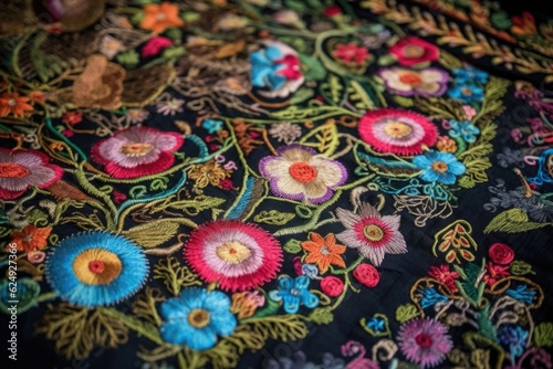close-up of beautiful and intricate embroidery work on fabric, created with generative ai