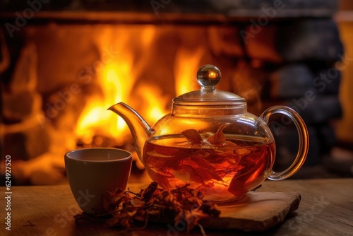 rooibos tea steeping in a glass teapot by the warm campfire glow, created with generative ai