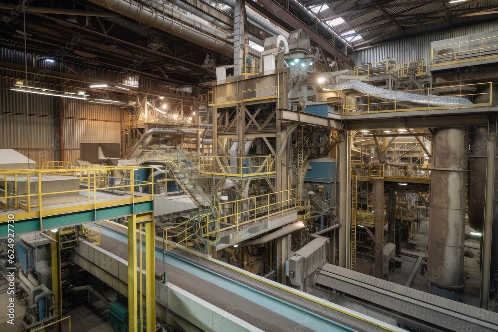 pulp and paper mill, with towering machines and conveyor belts that move raw materials through the plant, created with generative ai