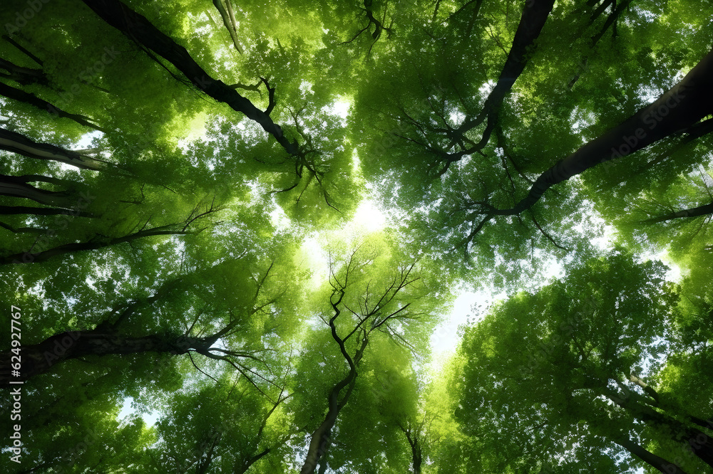 Fototapeta premium green tree tops and sky bottom view, generative ai