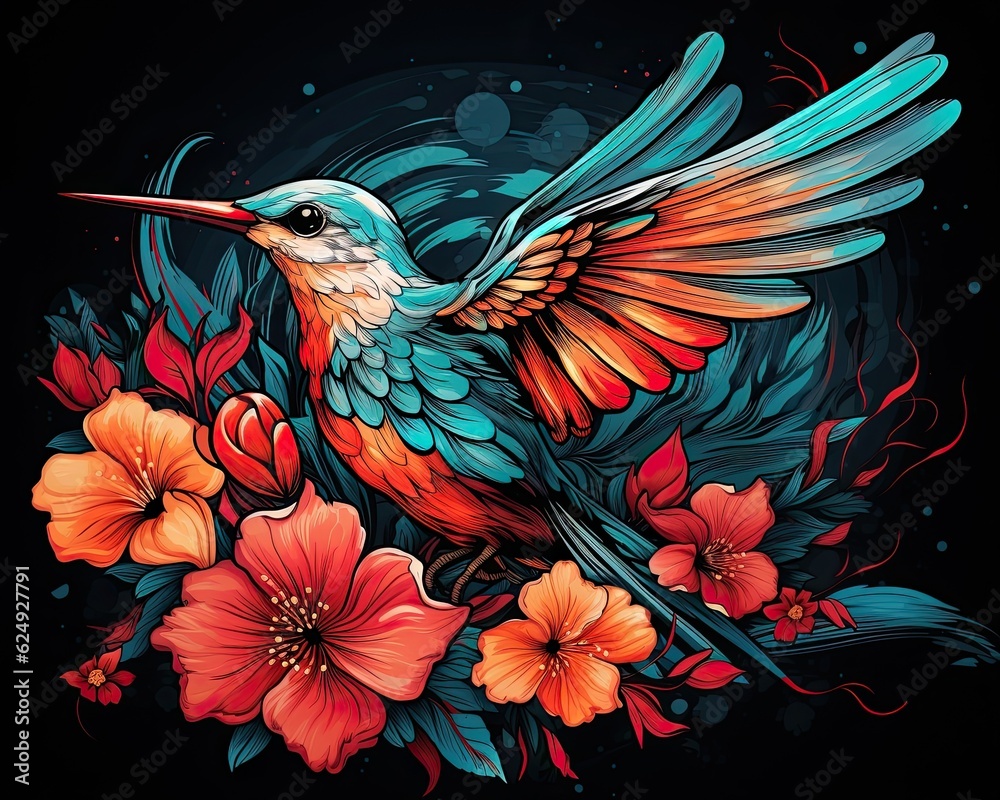 Obraz premium A colorful bird soars above a flower amidst black. (Illustration, Generative AI)