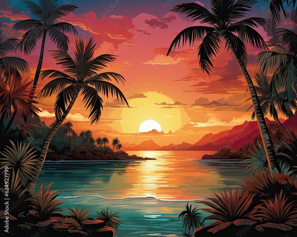 A painting featuring a sunset, palm trees, water, and clouds. (Generative AI)