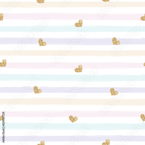 Gold glittering heart seamless pattern on childish pastel striped brush strokes background. vector grunge stripes. Abstract digital design for fashion or other surface pattern printing