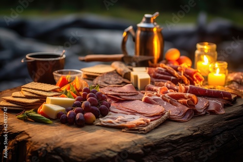 charcuterie board near a campfire in the evening light, created with generative ai