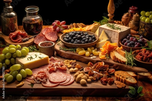 rustic board with meats  nuts  and olives  created with generative ai