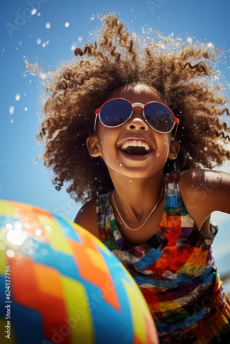 A little black girl with sunglasses, happy, is enjoying being on the beach