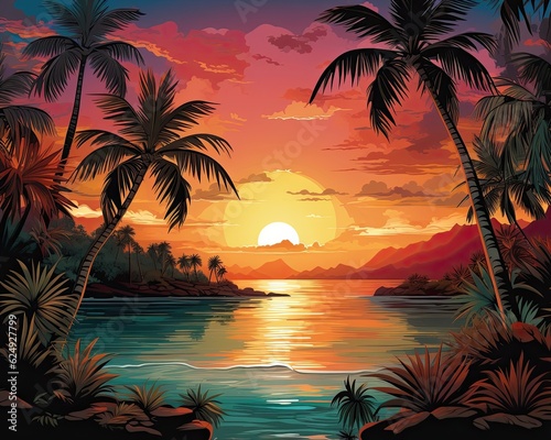A painting featuring a sunset  palm trees  water  and clouds.  Generative AI 