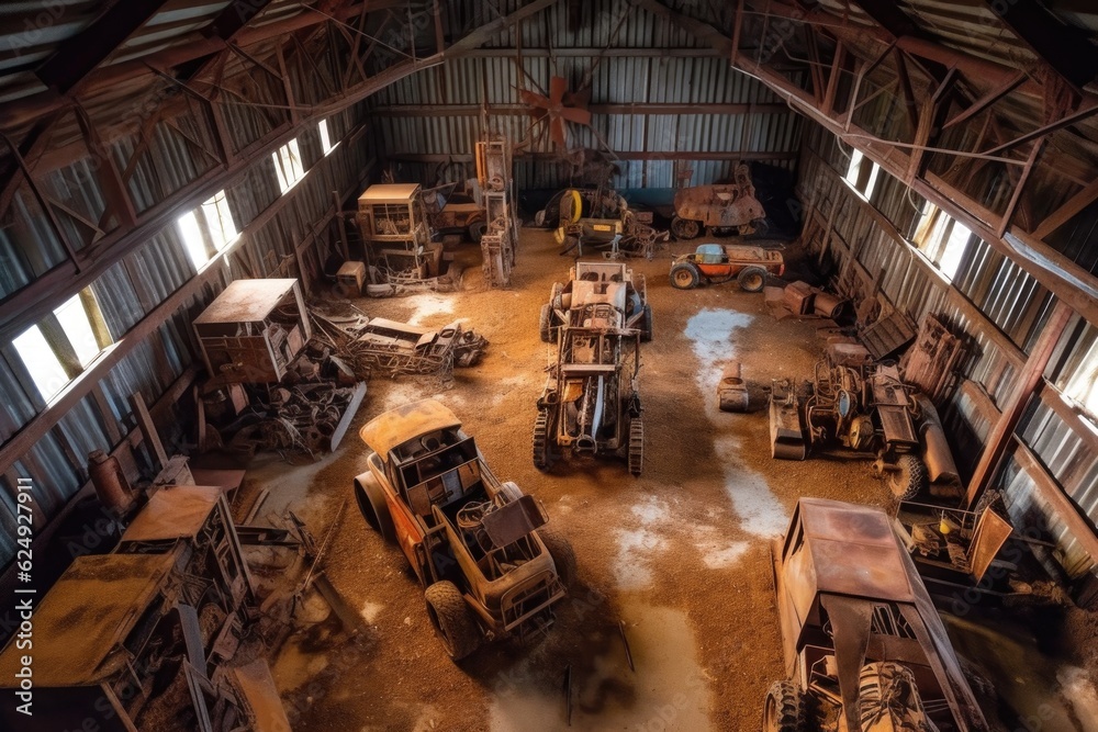 aerial view of rusty farm machinery in a barn, created with generative ai