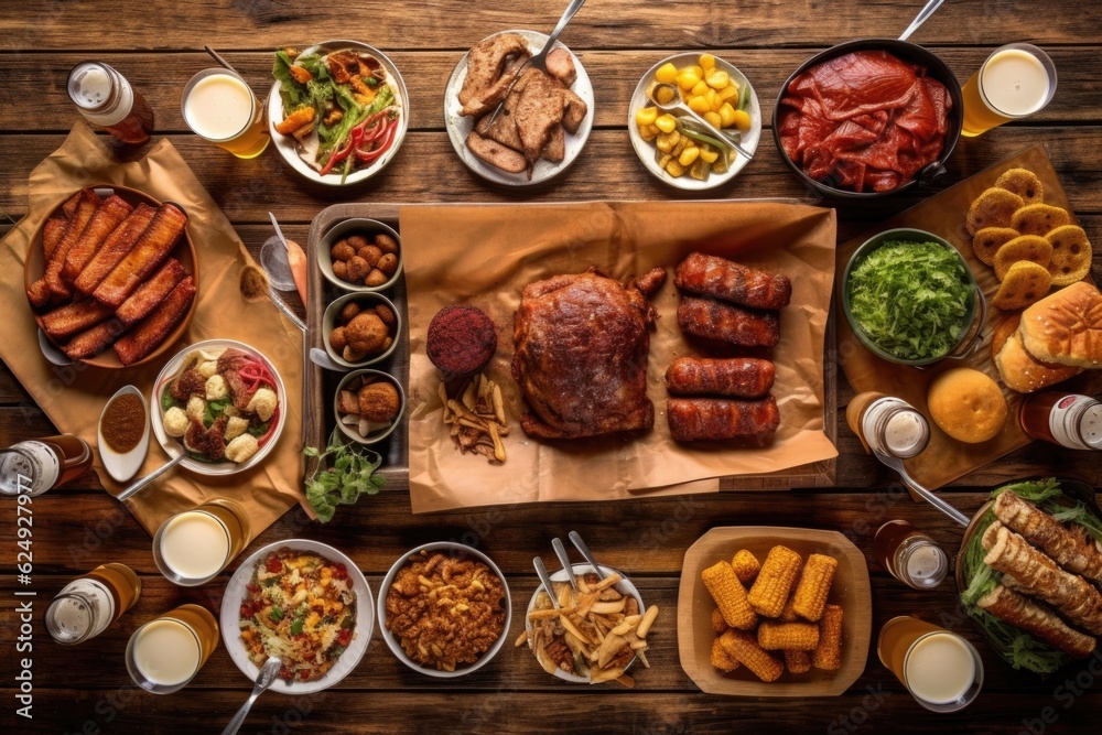 overhead shot of picnic table with craft beers and bbq spread, created with generative ai