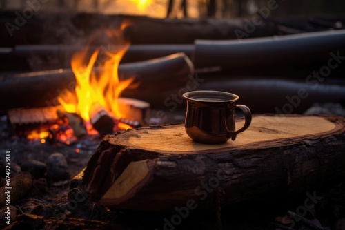 steaming cup of coffee on log beside campfire, created with generative ai